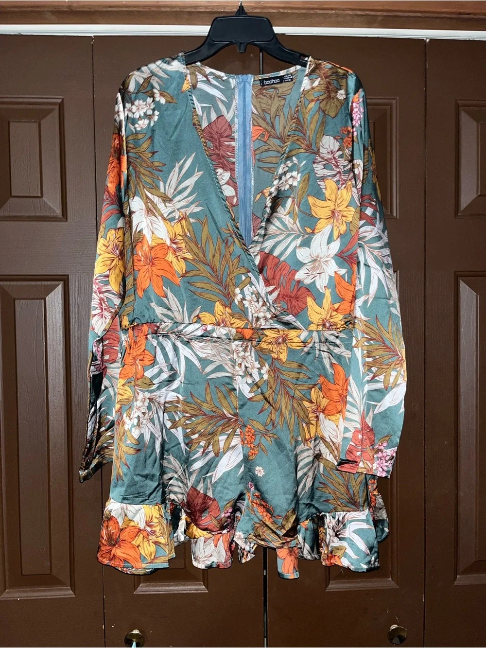 Boohoo Teal Tropical Leaf Print Romper - Picture 1 of 5